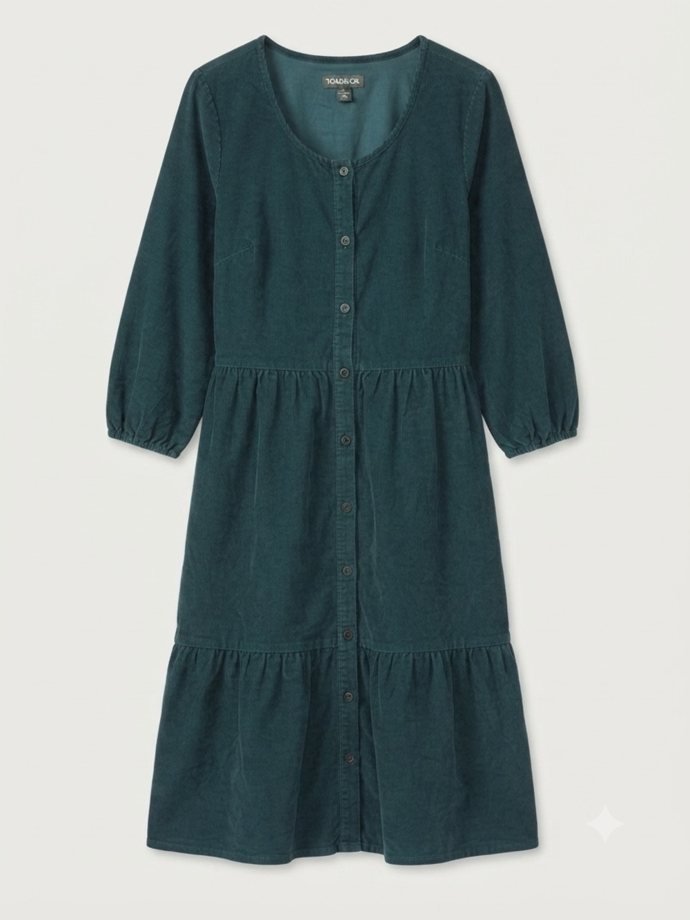 Toad&Co Scouter Cord Tiered Midi Dress XS Deep Turquoise Organic Cotton Corduroy